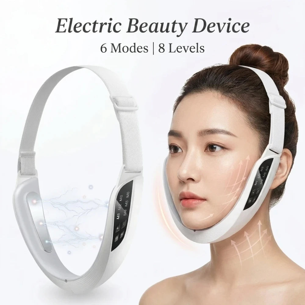 Handheld EMS facial device with curved white body and digital controls on a neutral background.