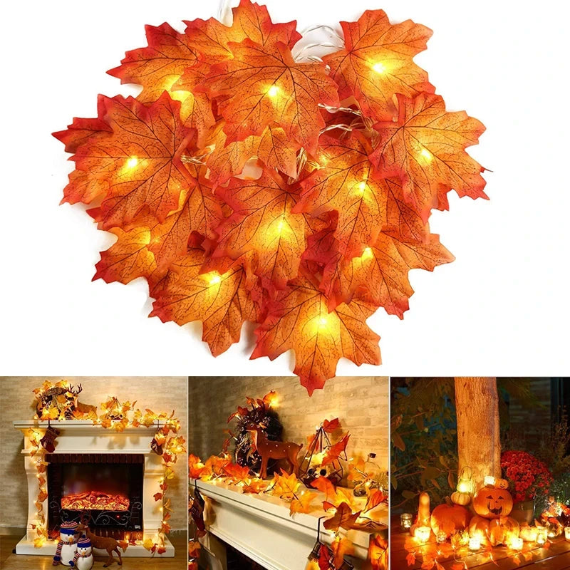 String of maple leaf-shaped warm LED lights draped on a dark background.