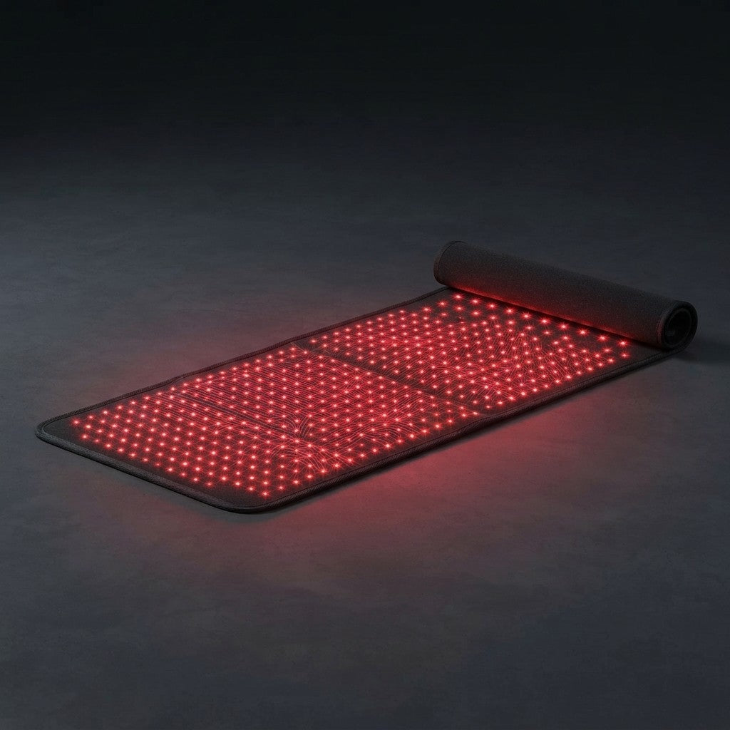 Tapis LED allumé, lumière rouge sur fond sombre