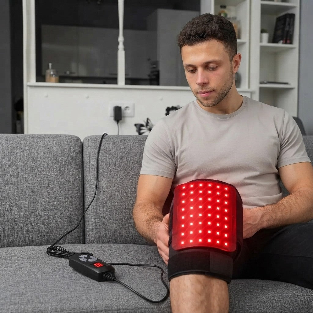 Homme portant le coussin LED autour du genou