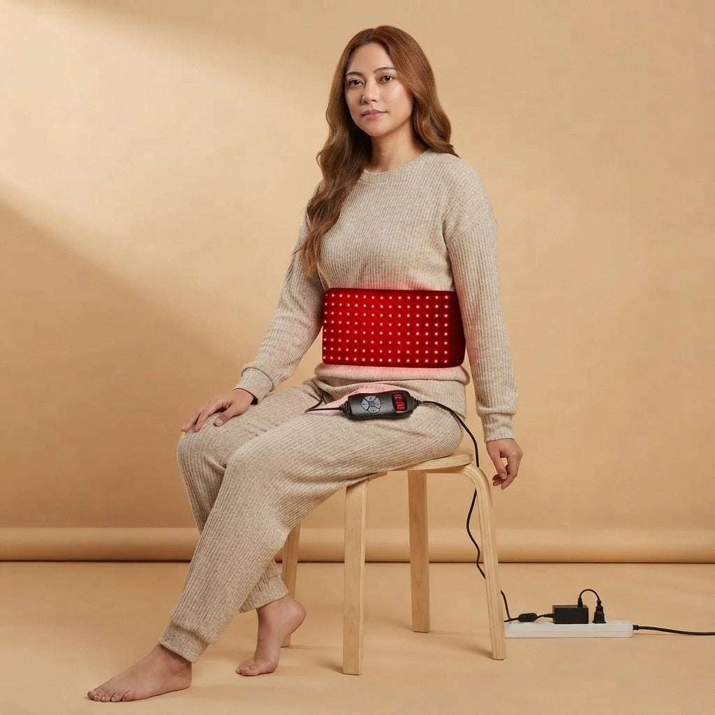 Femme portant le coussin LED autour du bas du dos